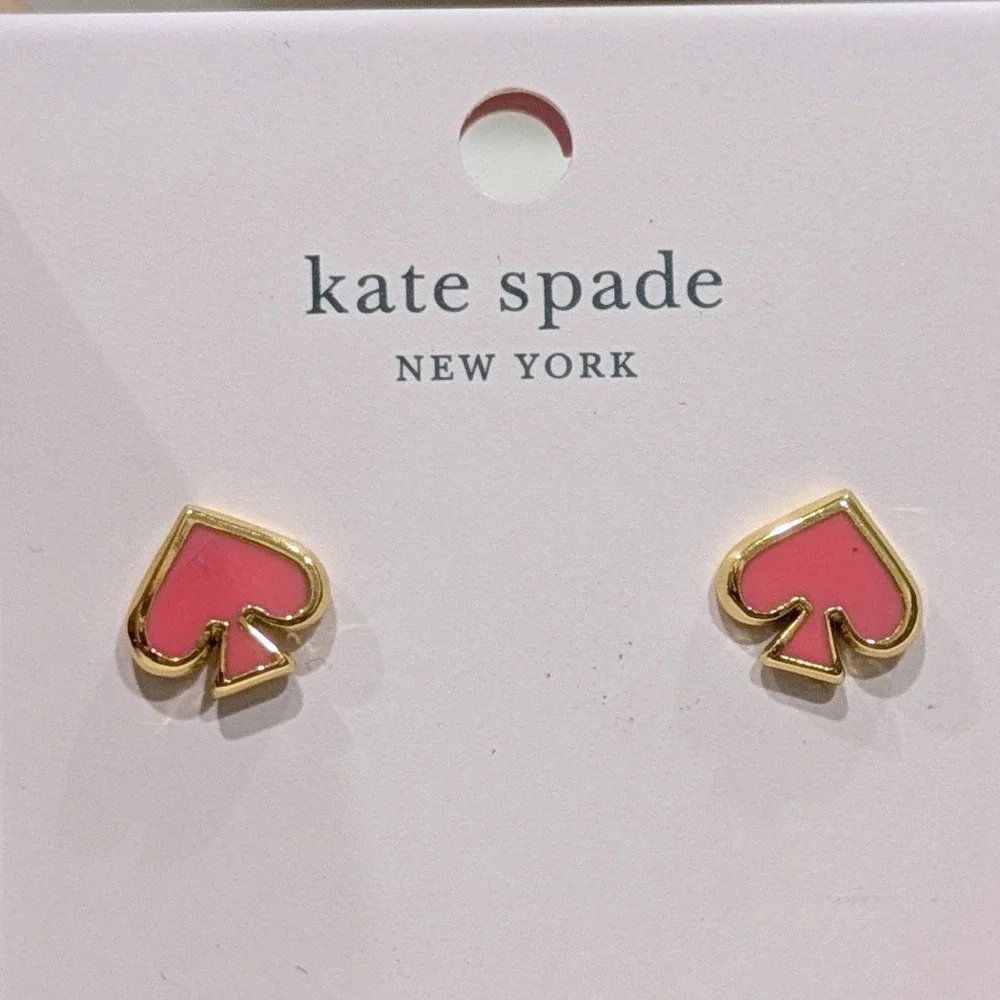 Kate Spade Everyday Spade Earrings Coral Pink Enamel Stud 12K NWT Gold Plated